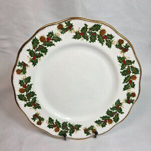 Rosina China Queens Yuletide Scalloped Dinner Plate White with Green & Red Holly